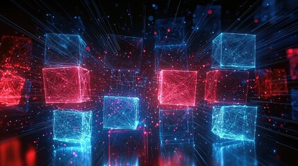 Neon red and blue geometric shapes on black base glowing particles light effects background, particles, shapes, blue, base, light, geometric, black background