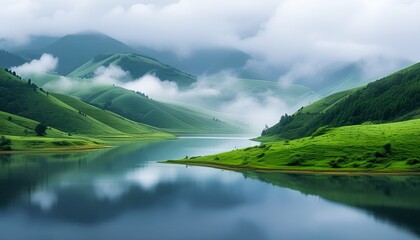 Wall Mural - Mist-shrouded valleys, green hills and tranquil lakes complement each other.