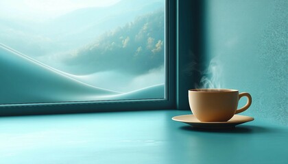 Wall Mural - Modern Website Layout Background Featuring a Clean and Professional Design, A white cup sits on a table in front of a blue wall