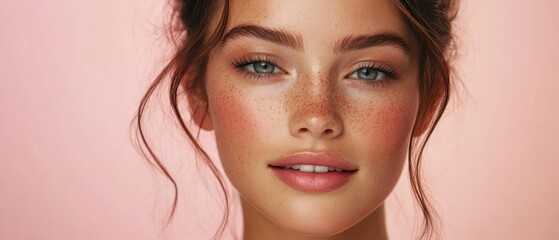 Wall Mural - Close-up Portrait of a Woman with Freckles and Blue Eyes