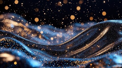 Abstract blue and gold glowing particle wave background.