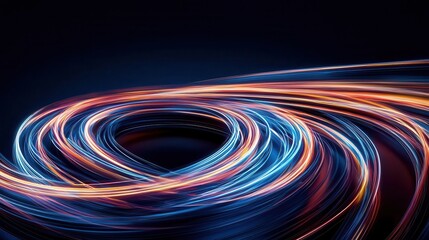 Wall Mural - Abstract swirling light trails in blue, orange and red on black background.