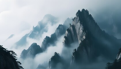 Wall Mural - The scenery of the mountains surrounded by clouds and clouds, and the peaks are vaguely visible, giving people a sense of mystery and tranquility.