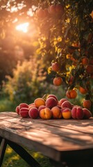 Poster - A bunch of peaches are on a wooden table in the sun, AI