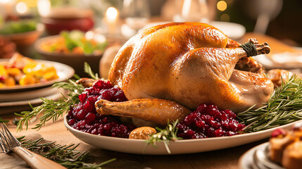 Festive holiday table with roasted turkey, cranberry sauce, and side dishes, space for seasonal greeting or recipe