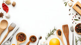 Flat lay of cooking utensils and spices on blank background, ideal for culinary or recipe content