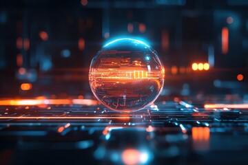 Poster - A glowing sphere amidst a futuristic digital landscape, showcasing vibrant colors and intricate patterns in a high-tech environment.