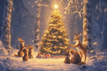 Wall Mural - A group of rabbits are gathered around a Christmas tree. Christmas background