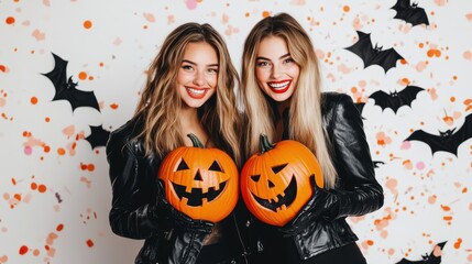 Wall Mural - Two Women Smiling Holding Halloween Pumpkins on party
