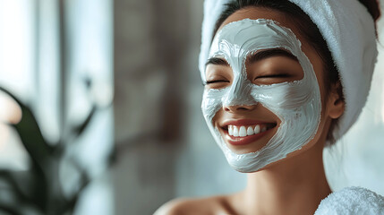 Asian woman with radiant smile enjoying face mask treatment, cozy blurred bathroom background