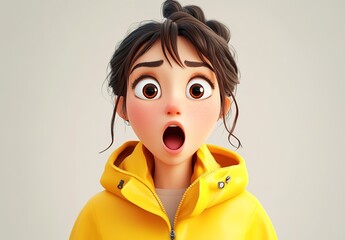 3d cartoon of an animated woman wearing a yellow hoodie, with a surprised expression