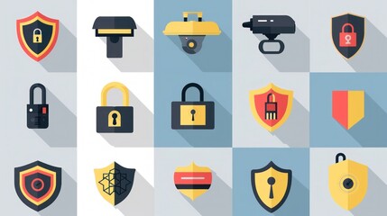 Wall Mural - Flat design security icon set including padlock, shield, and surveillance camera