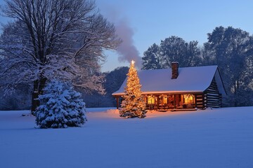 Wall Mural - A cozy cabin with a Christmas tree in the yard. Christmas background