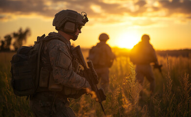 Soldiers walking through a golden field at sunset.