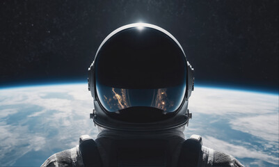 Wall Mural - an astronaut gazes out at earth from space, the planet's blue and white hues stretching out below