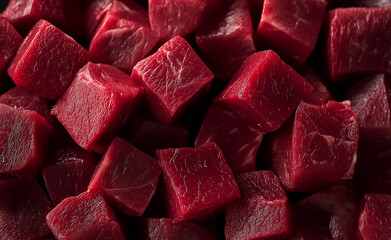 Raw red meat cubes closely packed together.