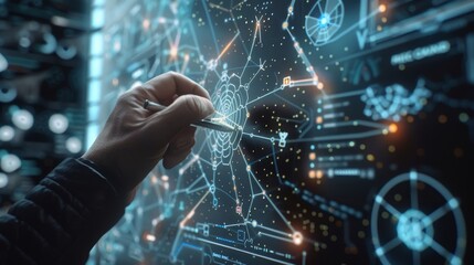 Leinwandbilder - In this holographic work screen, the hand of a male creator creates a digital network using a touch pen. Holographic work screen with nodes, connections, and data sets.