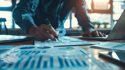 Aufkleber - An investment meeting and a financial analysis concept are discussed with a businessman who is working with a financial report