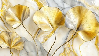 Aufkleber - Decorative golden flowers and branches on light background. 3d plant illustration with beautiful golden flowers.