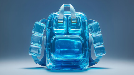 Poster - Blue transparent backpack standing with ice cubes on blue background