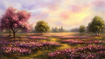 Poster - A blooming field of green trees and shrubs under a blue sky with pink clouds in the evening