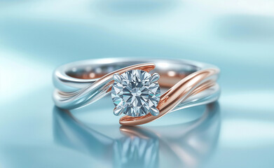 A diamond engagement ring with a rose gold band on a light blue background.