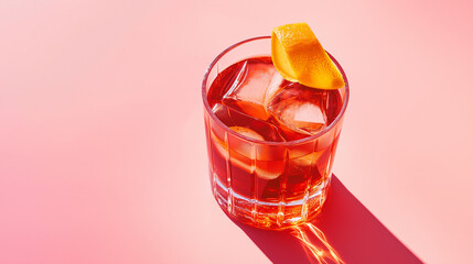 Poster - Negroni cocktail standing on pink background with strong shadow