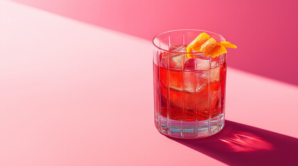 Poster - Negroni cocktail standing on pink background with harsh shadows