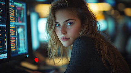 Poster - Young woman stock trader working at her desk on wall street