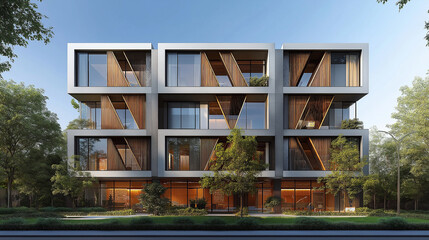 Poster - Modern apartment building with wood paneling reflecting the evening sun
