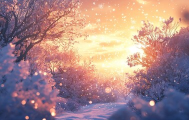 Aufkleber - The winter landscape scene features trees covered in snow and an ice river
