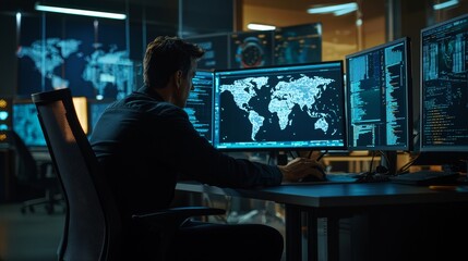 Poster - This is a technical controller working on multiple displays. He looks at various technical information on his displays. He is the only person in System Control Center.