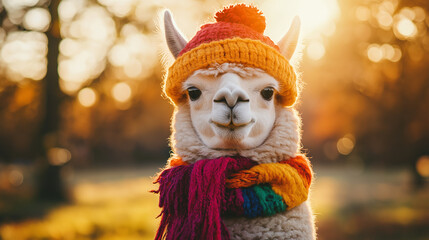 White alpaca wearing colorful knitted hat and scarf posing in autumn