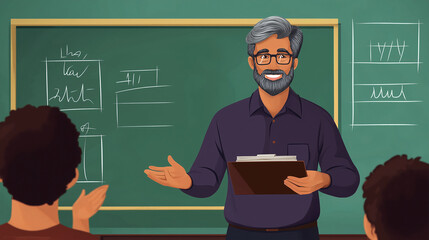 Poster - Smiling bearded teacher explaining lesson to students in classroom