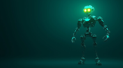 Poster - Metallic robot standing with glowing eyes in dark green background
