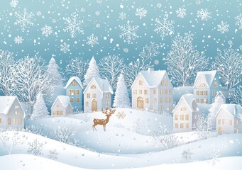 Canvas Print - Merry Christmas and best wishes to you in a modern illustration of deer joyful on snow and winter season with a backdrop of an urban landscape.