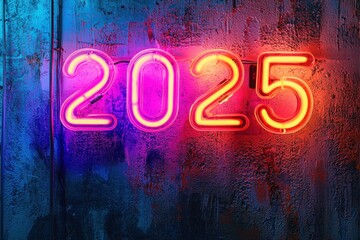 A close-up of a glowing neon sign displaying the year 2025, set against a dark, textured background. The image exudes a sense of modernity and style, making it ideal for themes related to nightlife