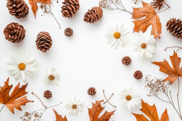 Poster - Embrace autumn with this composition. Frame made from autumn dried leaves on a white background. Flat lay, top view, copy space.