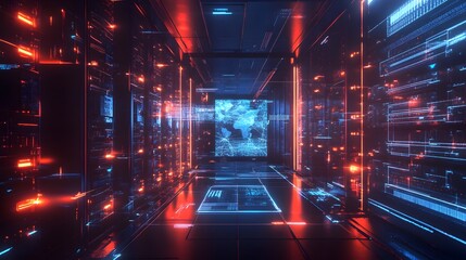 Wall Mural - 2. A futuristic data center with glowing servers and holographic network maps