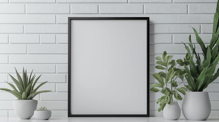 Poster - Blank black frame leaning on white brick wall with plants