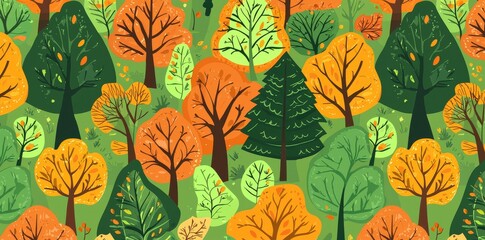 Poster - The pattern features trees, bushes, grass, and foliage in an autumn forest.