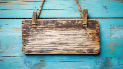 Aufkleber - Empty wooden sign hanging on rustic teal blue wood background