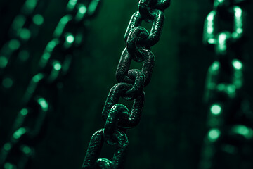 Poster - Closeup of heavy metal chain hanging in dark green light