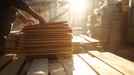 Carpenter arranging wooden planks in workshop with sunlight