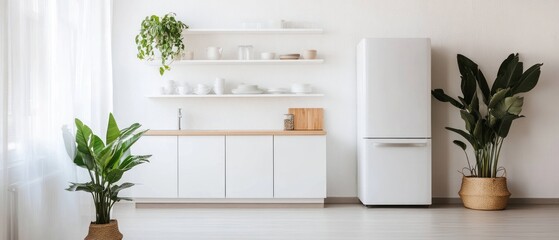 Poster - Modern Kitchen Interior with White Cabinets, Open Shelving, and Houseplants