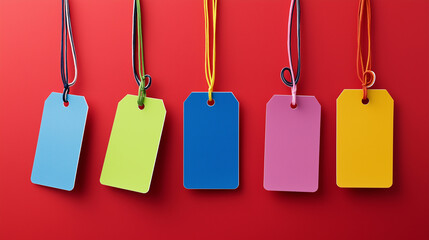 Five colorful blank tags hanging on red background