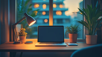 Poster - Modern home office setup in warm evening light illuminating laptop screen