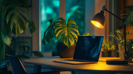 Aufkleber - Modern home office setup with laptop and plants illuminated by warm light in the evening