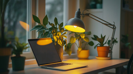 Aufkleber - Modern laptop computer sitting on desk with houseplants and lamp illuminating home office workspace