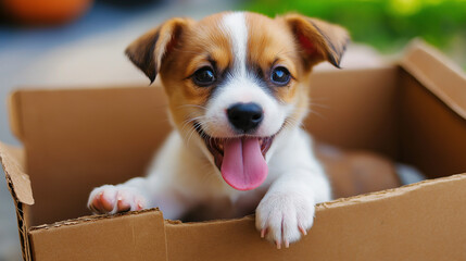 Adorable jack russell terrier puppy sitting in cardboard box